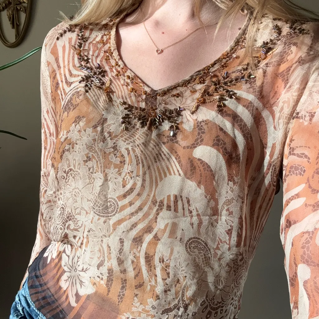 Ice Y2K Sheer Lightweight Flowy Sleeve Top Tan - Image 12