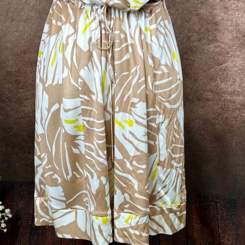 Socapri Palm Leaf 100% Silk Dress Tan/White/Yellow 10 Tan - Image 5