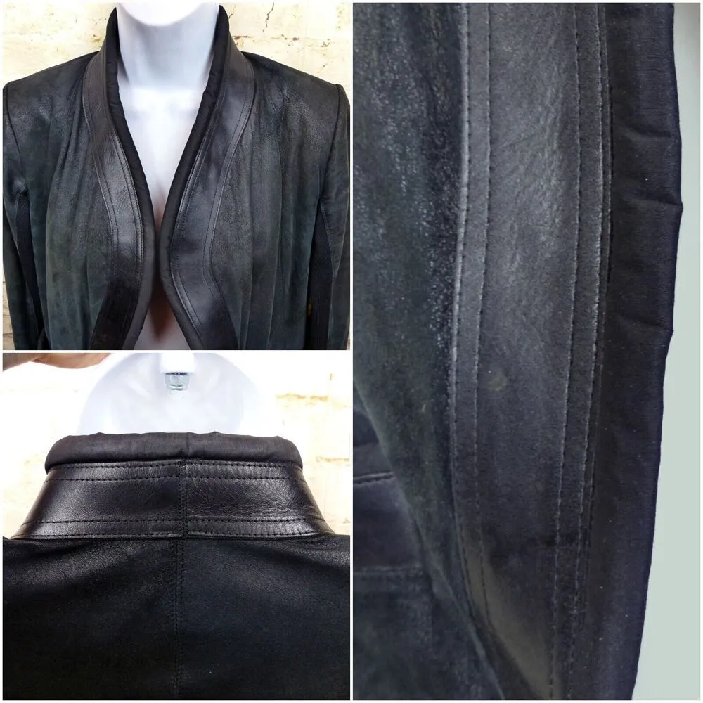 Rick Owen Distress Lamb Leather Jacket Women 6US Black Open Front Goth Y2K FLAWS Size 6 - Image 6