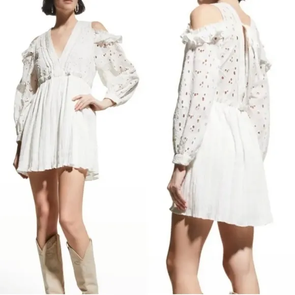 NWT IRO Womens Dress White Meila Eyelet Open Shoulder Long Sleeve Mini Size 38 6 - Image 2