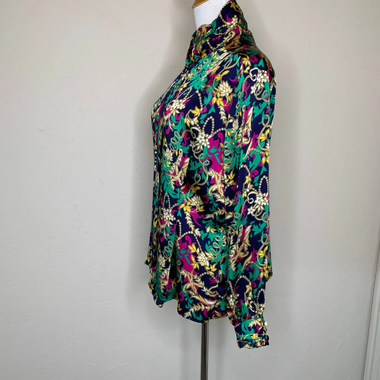 90s Rich Floral Regency Print Dark Blouse Sz 10 Christie & Jill Blue - Image 3