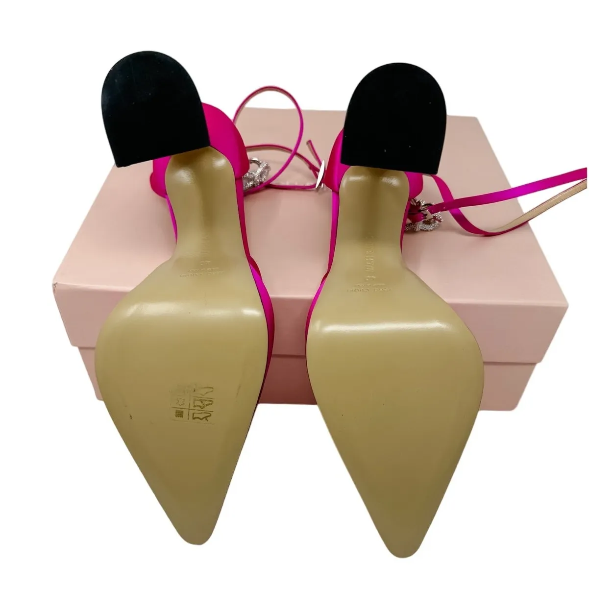 Mach & Mach Satin Crystal Bow Chain Platform Pumps Block Heel Hot Pink Size 40 - Image 6