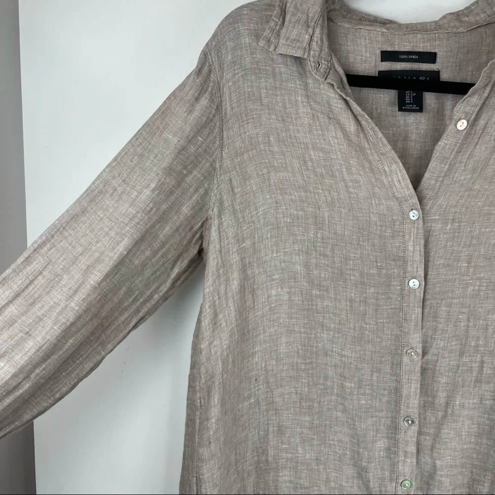 Tahari 100% Linen Tunic Button Down Top Sz Small Beige Tan Lagenlook Side Slits - Image 4