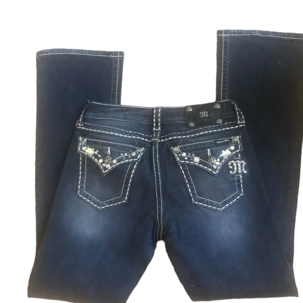 Miss Me Bling Jeans 27X32”Dark Denim Stretch Boot Cut Embellished Back Pockets - Image 2