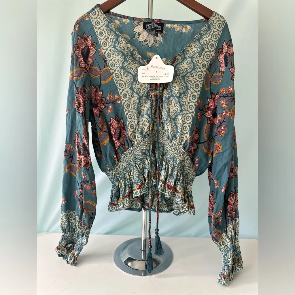 Angie Floral Boho Blouse Peasant Blouse Blue and Red - Image 2