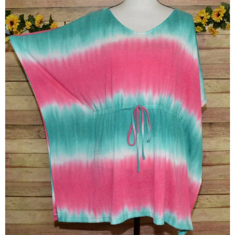 Oddy Soft Ombre Pink Green Poncho Top Shirt Size L/XL Summer Beach Cover Kaftan - Image 5