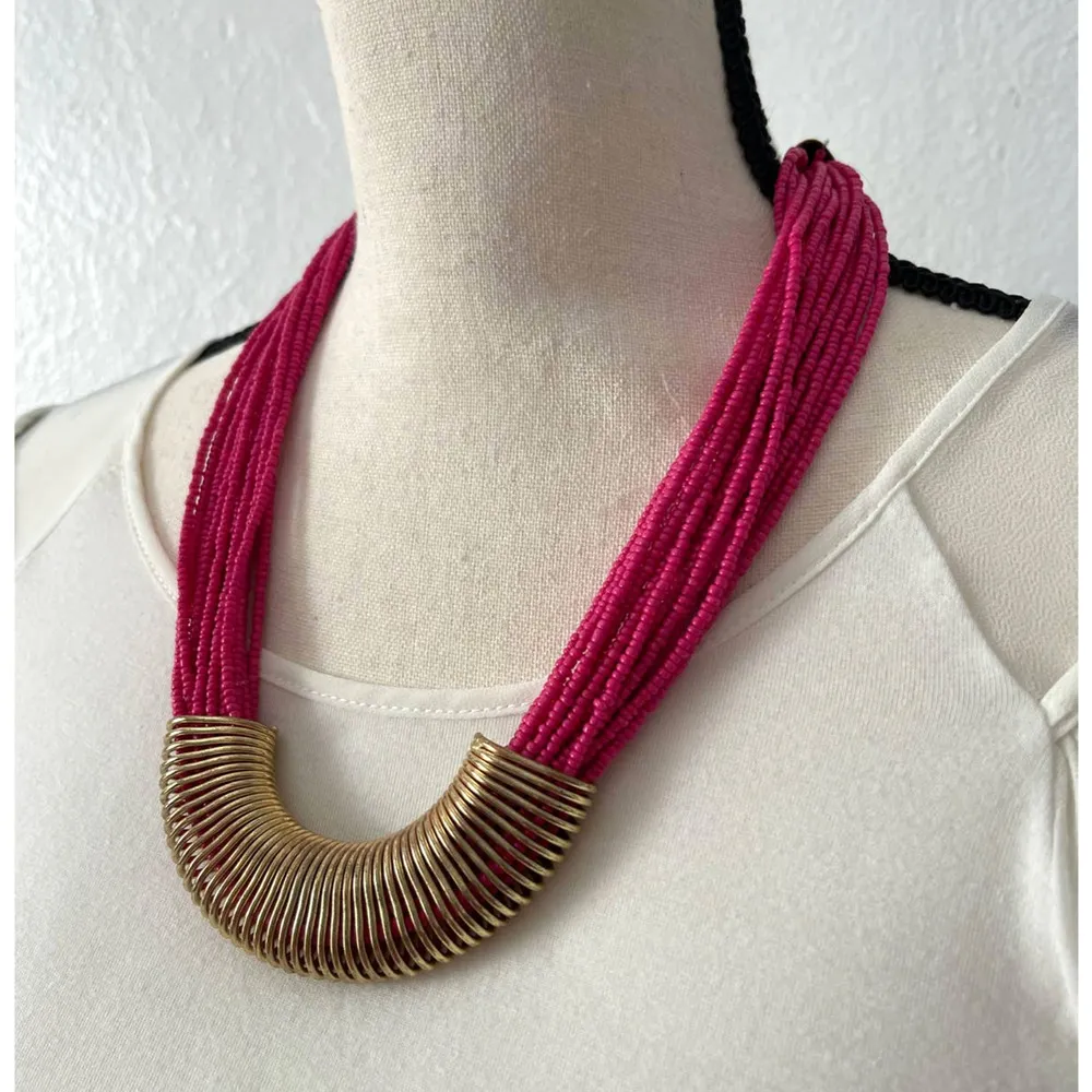 Charming Charlie Hot Pink Necklace Bead Princess Womens Gold Layered Jewelry - Image 3