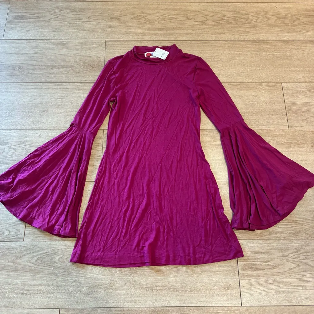 NWT FP Beach Free People Dare to Dance Magenta Bell Sleeve Mini Dress Size XS - Image 2