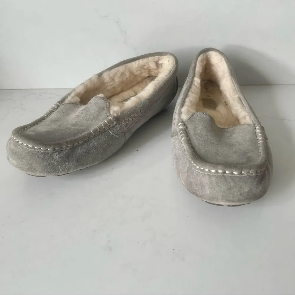 UGG Ansley Gray Water Resistant Suede Indoor/Outdoor Moccasin Slippers - Image 3