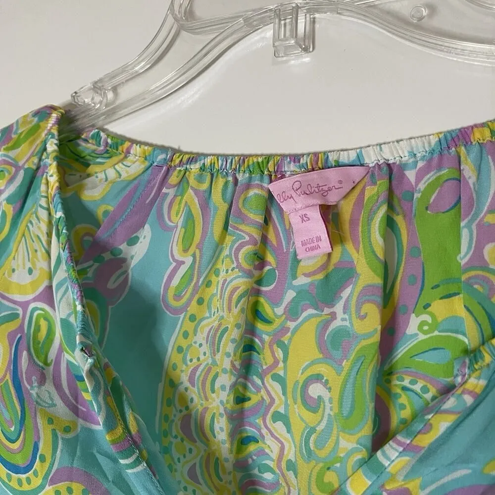 Lilly Pulitzer Sarabeth floral blue green paisley silk blouse top XS - Image 2
