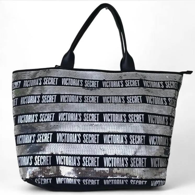 Victoria’s Secret Black Silver Sequin Bling Large Tote Weekender Bag Limited Ed. - Image 2