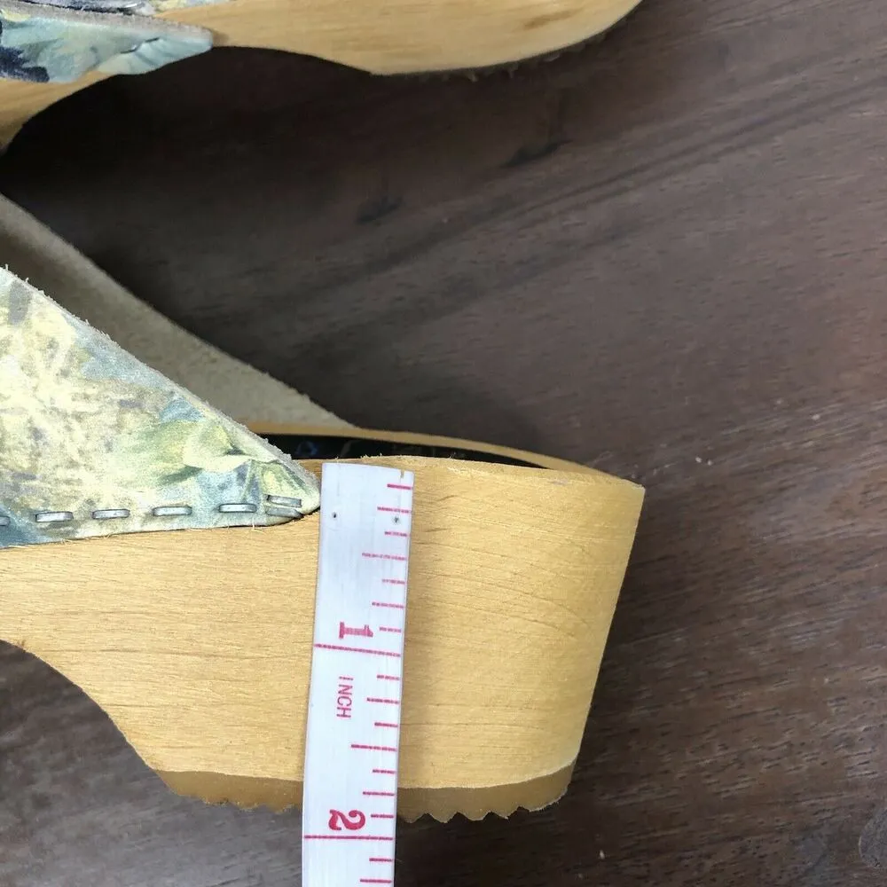 Swedish Clogs Leather Wooden Floral Print Made In Sweden Women's Size 40 US 9 Blue - Image 10