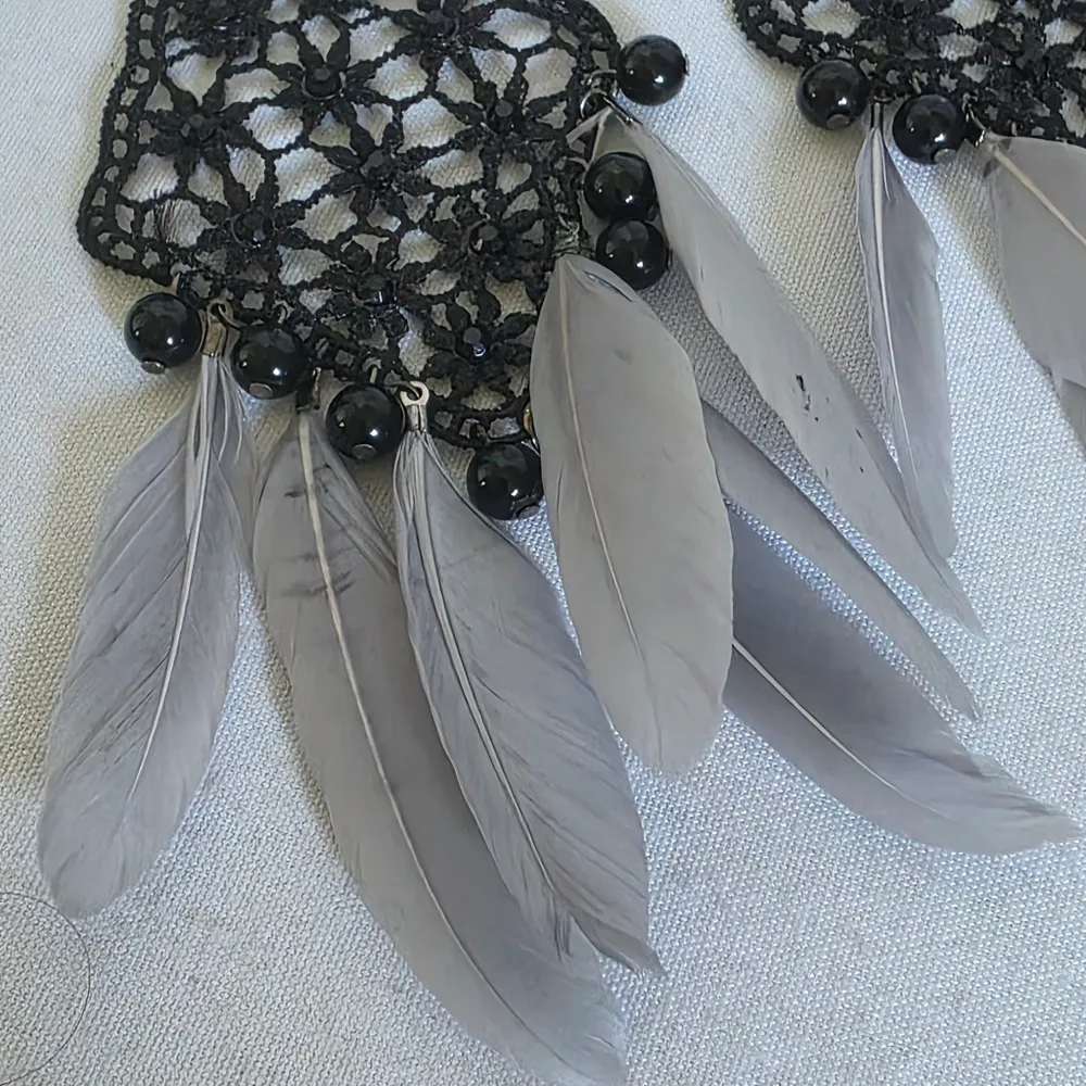 Statement Earrings Black Lace with Grey Feathers - Image 3