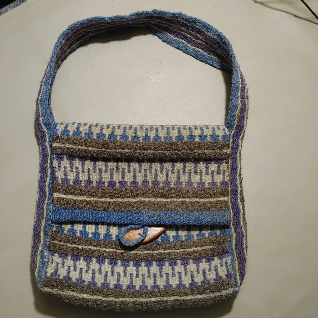 Handwoven Wool Shoulder Bag Blue White Brown Stripes Wood Button Closure Vintage - Image 7