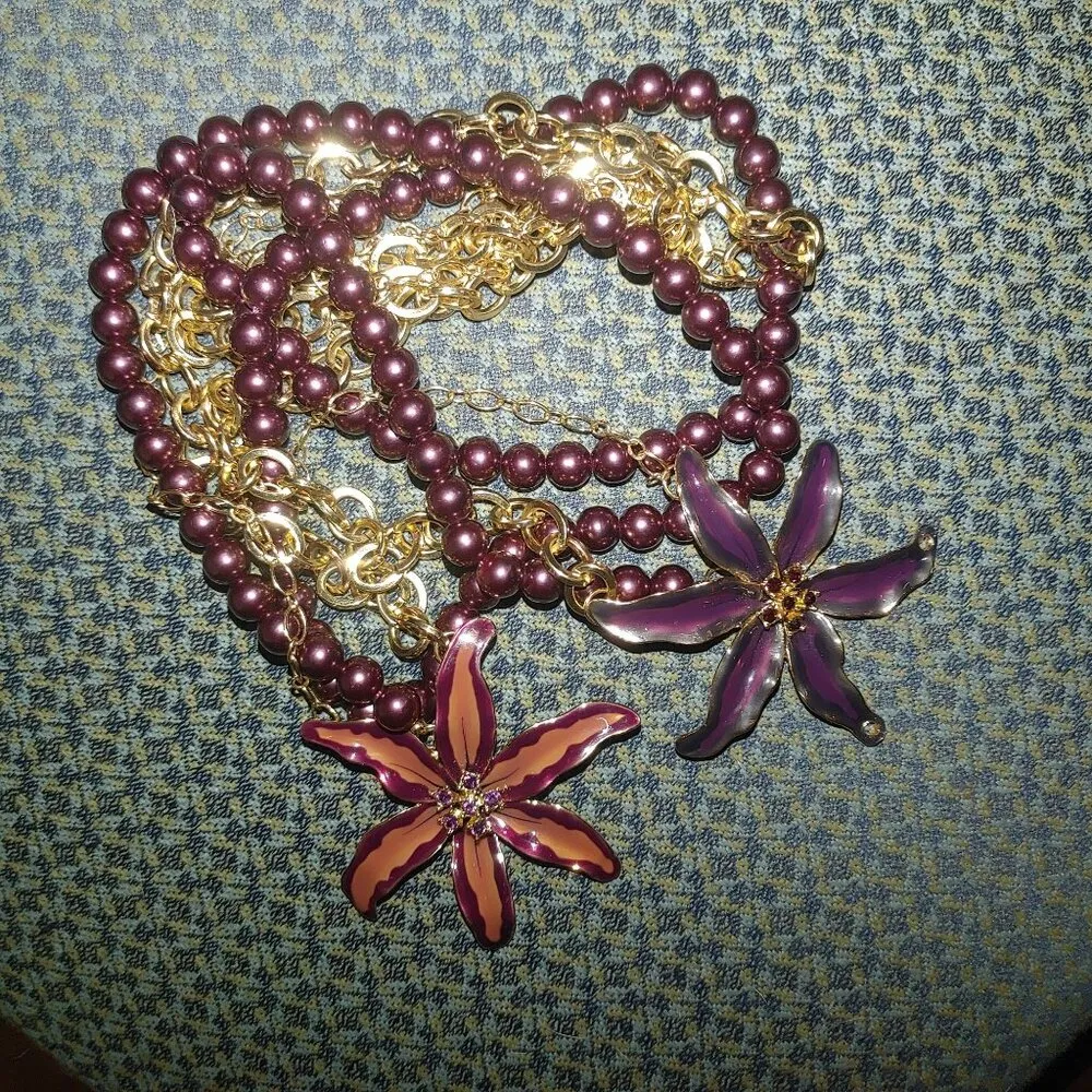 Orchid Necklace Large 3 Strand Vintage Purple Beaded Gold Chain Enamel Flower - Image 5