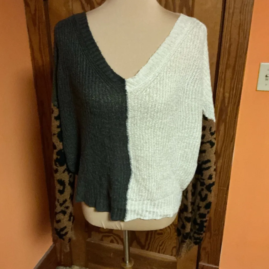 Blu Pepper V neck split color n leopard cropped Beachy sweater - Image 9