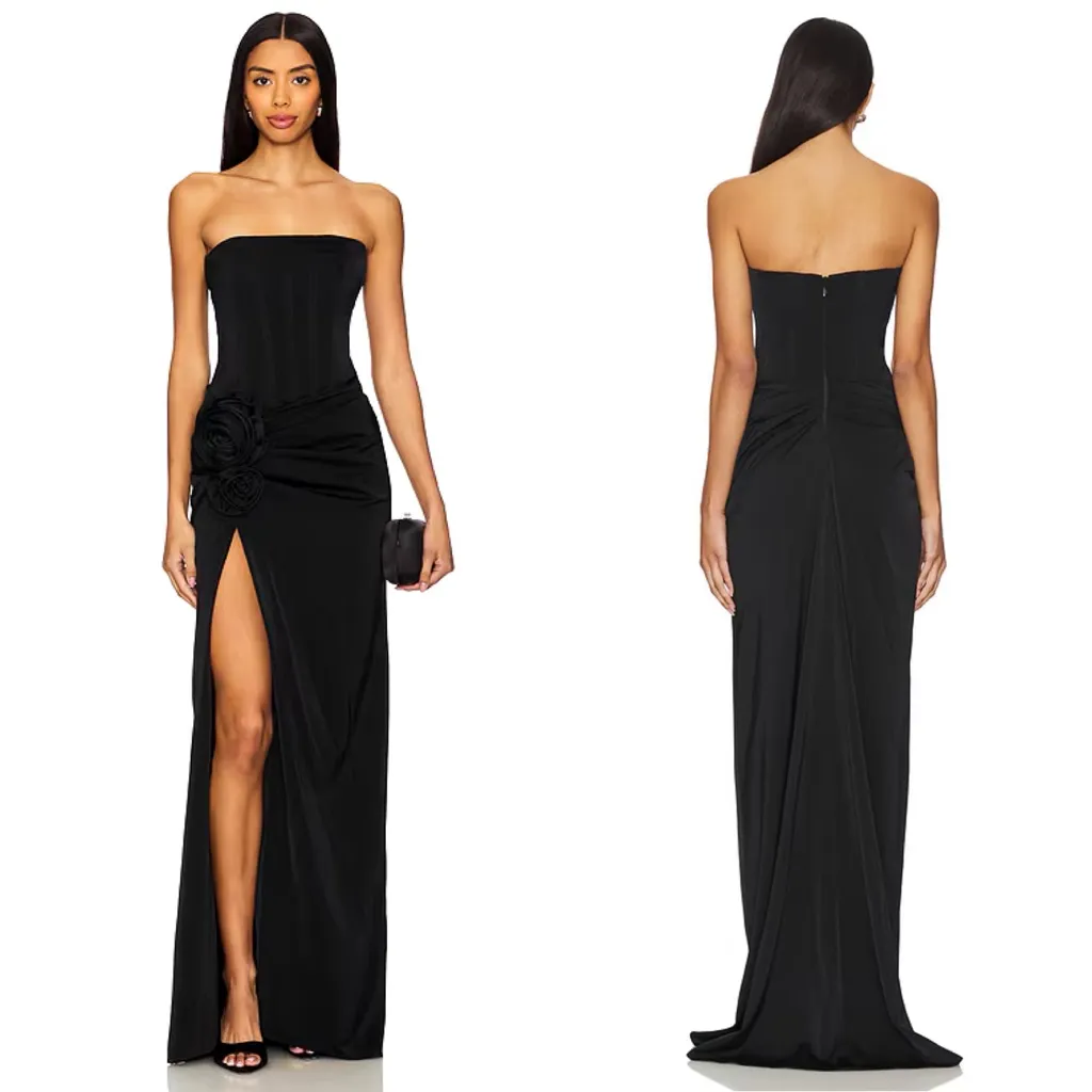 NEW NWT NBD Jake Gown Strapless Corset Maxi Dress Rosette Detail Black - Image 2