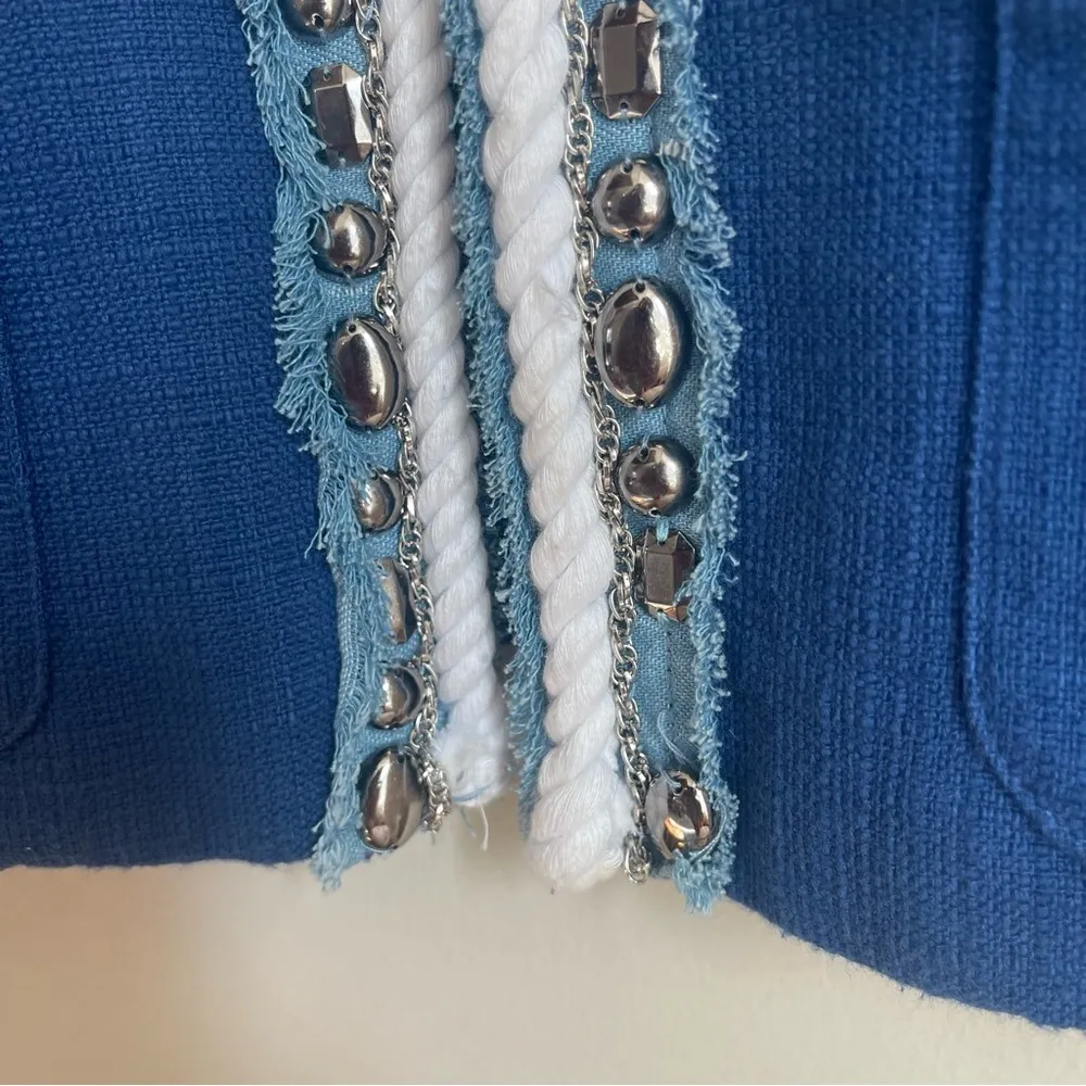 Katherine New York Navy Textured Embellished Jacket w/ Denim Detail Jacket Small Blue Size 6 - Image 5