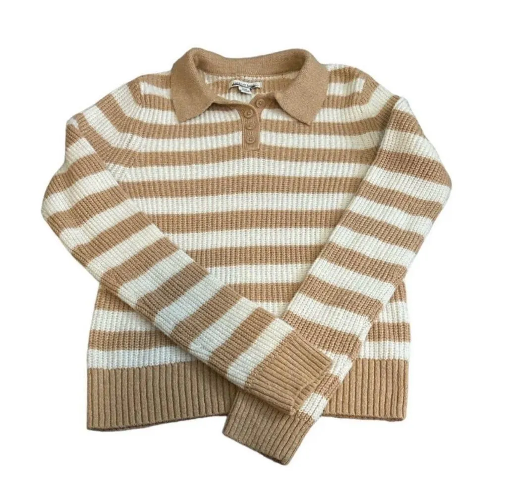 American Eagle Beige and White Striped Knit Sweater - Image 3