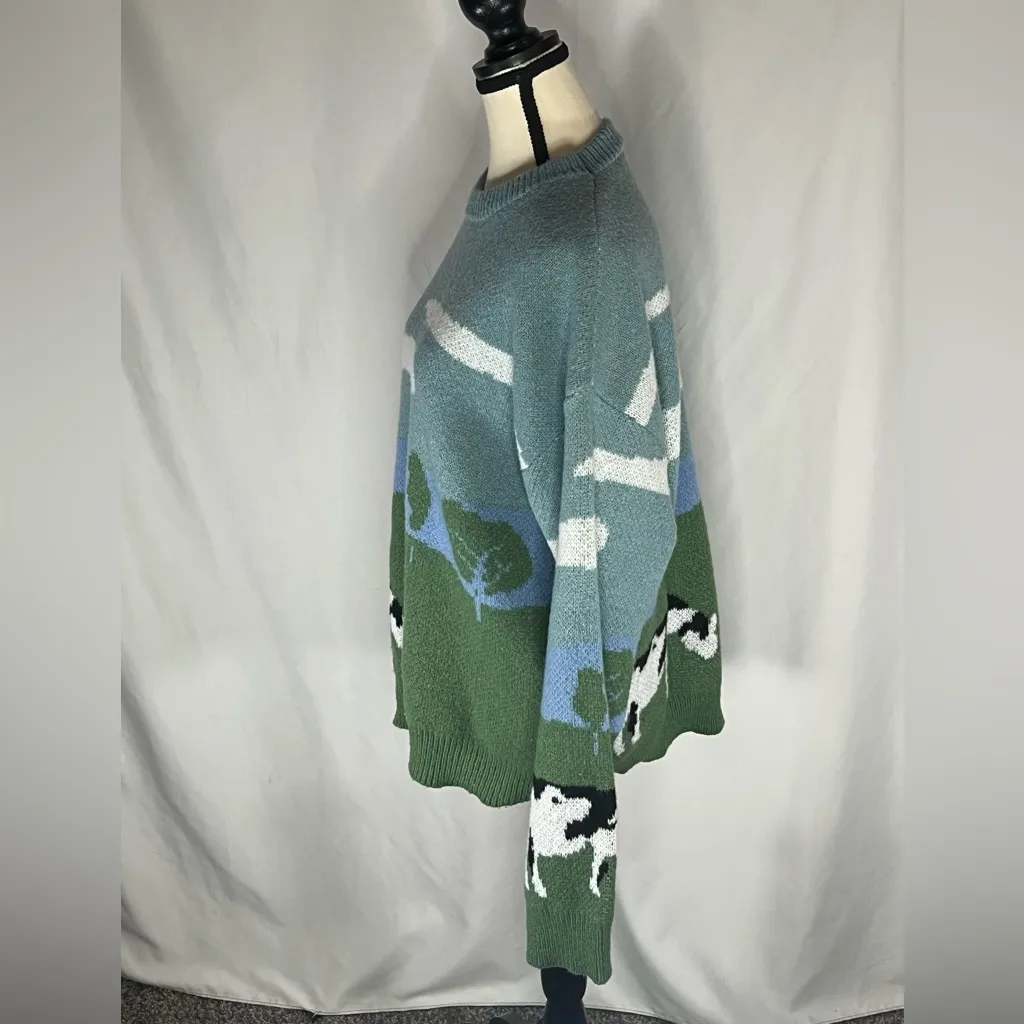 Manfinity Cow Print Landscape Crew Neck Sweater Green Size L - Image 4