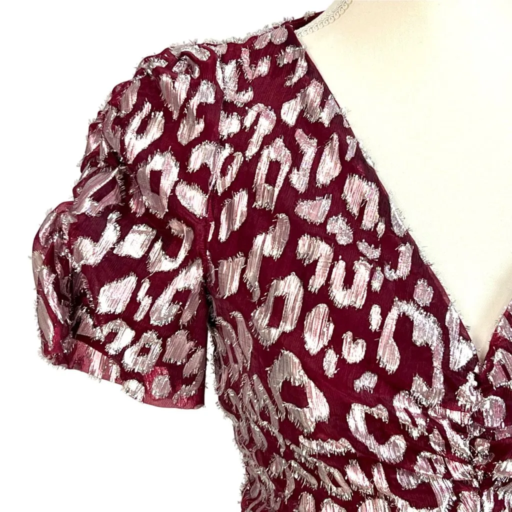 Aqua Metallic Leopard Print Dark Red Mini Dress Short Puff Sleeves Size M NWT - Image 4