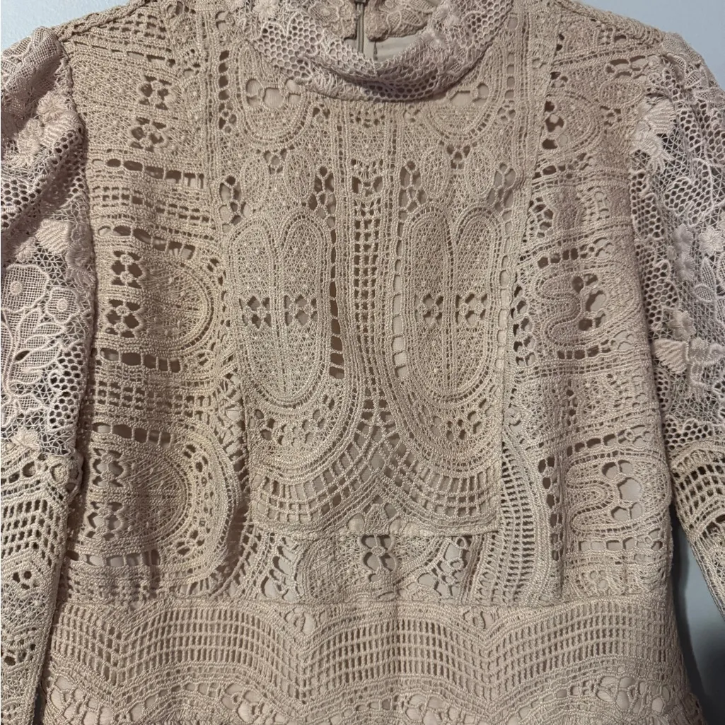 Anna Sui Rare Beige Lace Mock Neck lace overlay long sleeve mini dress size 4 - Image 3