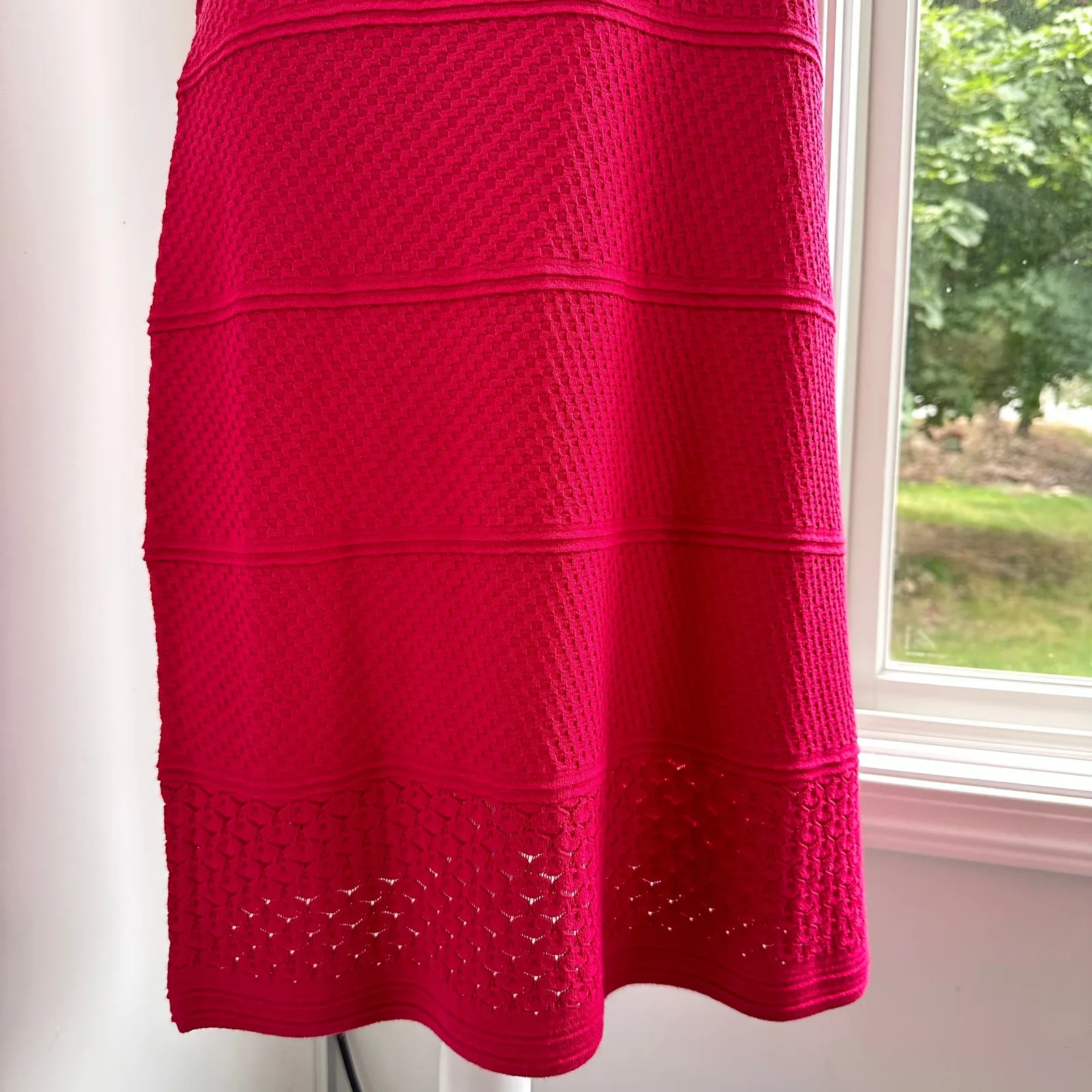 Etcetera Pink Knit Dress Large Eyelet Hem Waffle Texture Capsule Wardrobe Staple - Image 3
