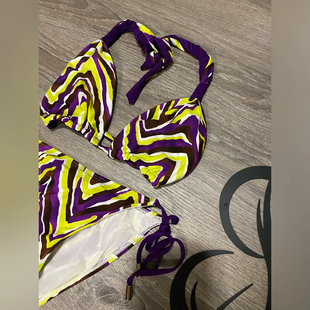 Bold Bright Triangle String Bikini Swim Suit Set Purple - Image 3