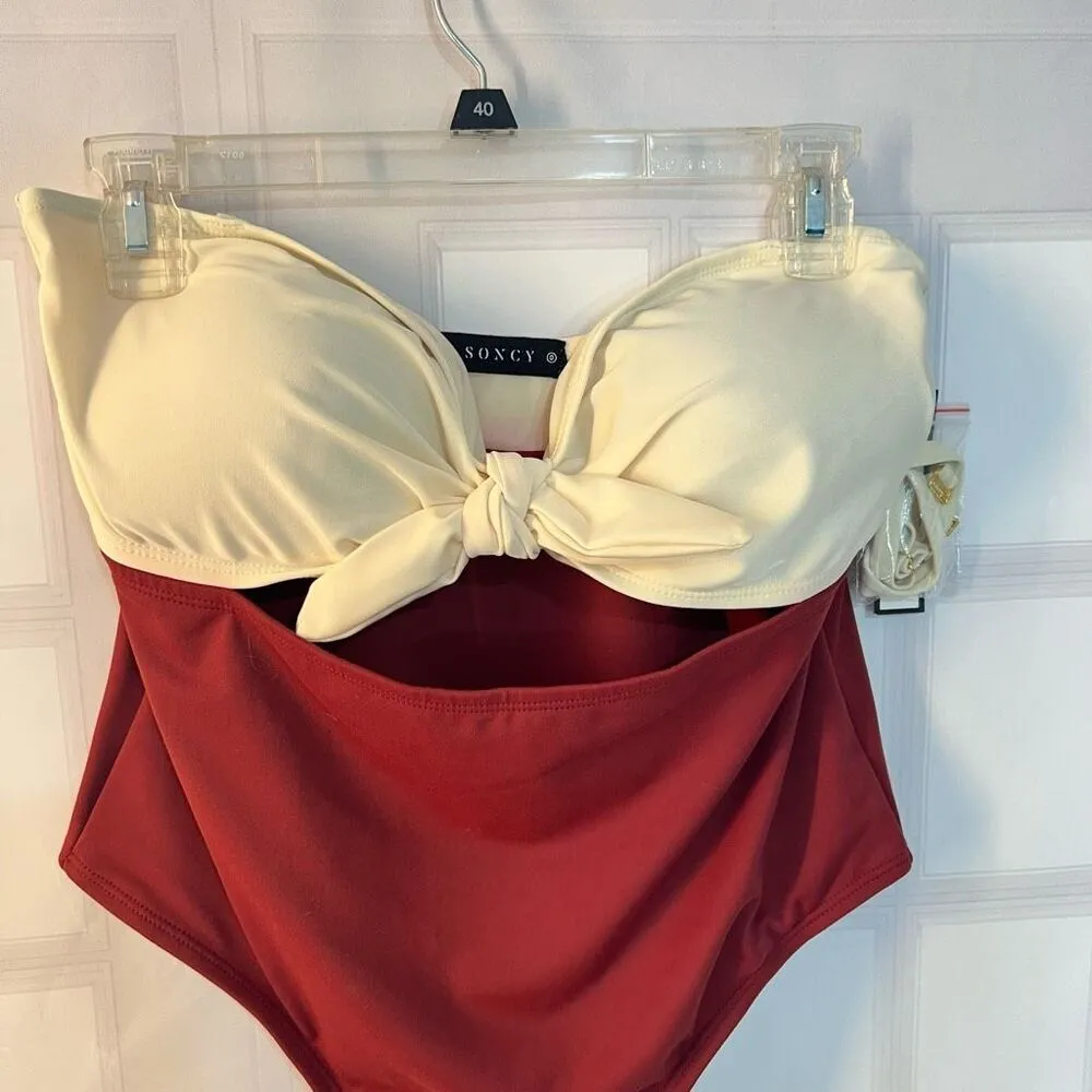 Soncy NWT White Burgundy Colorblock Sweetheart Neck One Piece Swimsuit Size 0 - Image 2