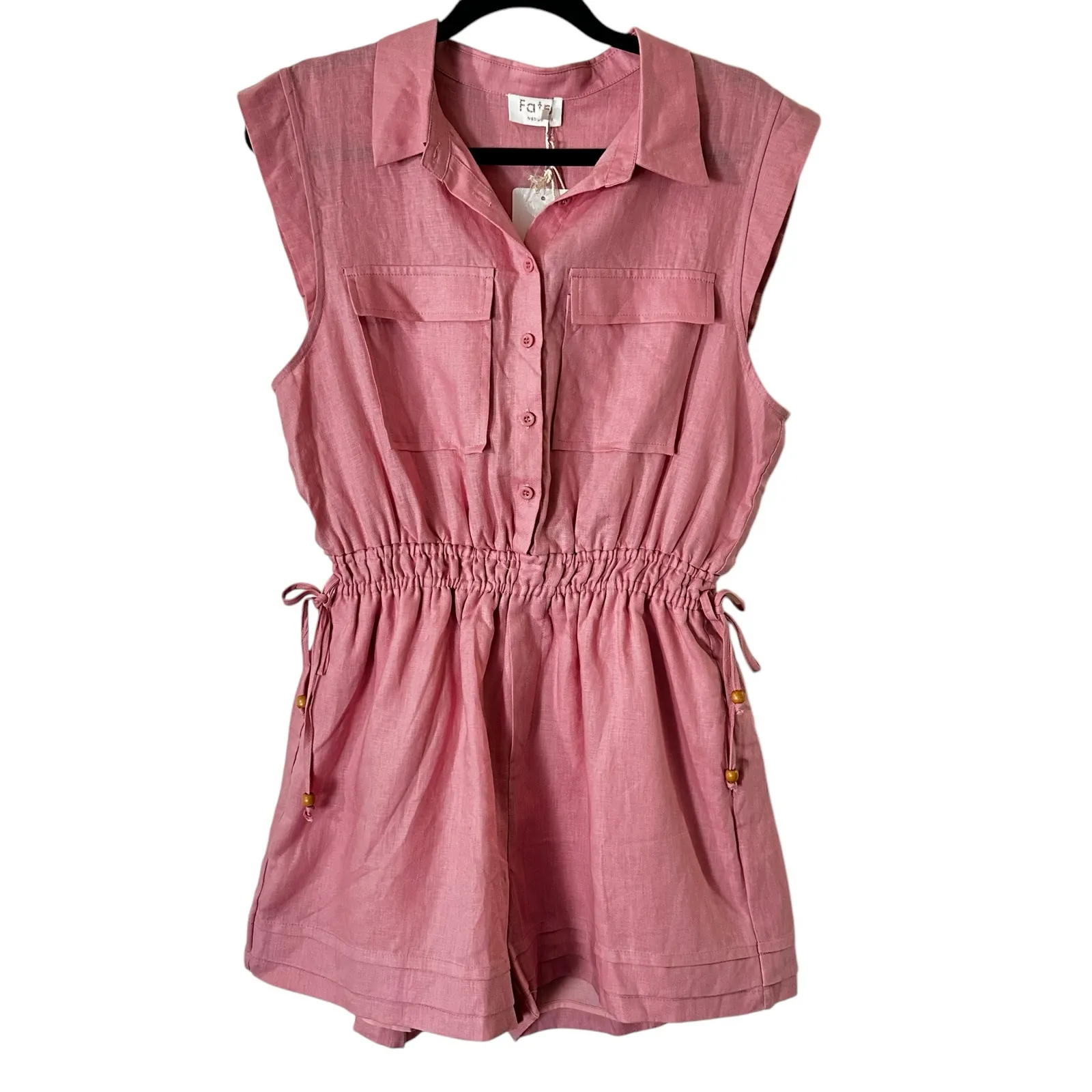 NWT Fate Front Patch Pocket Front Button Linen Romper Pink Size M - Image 3