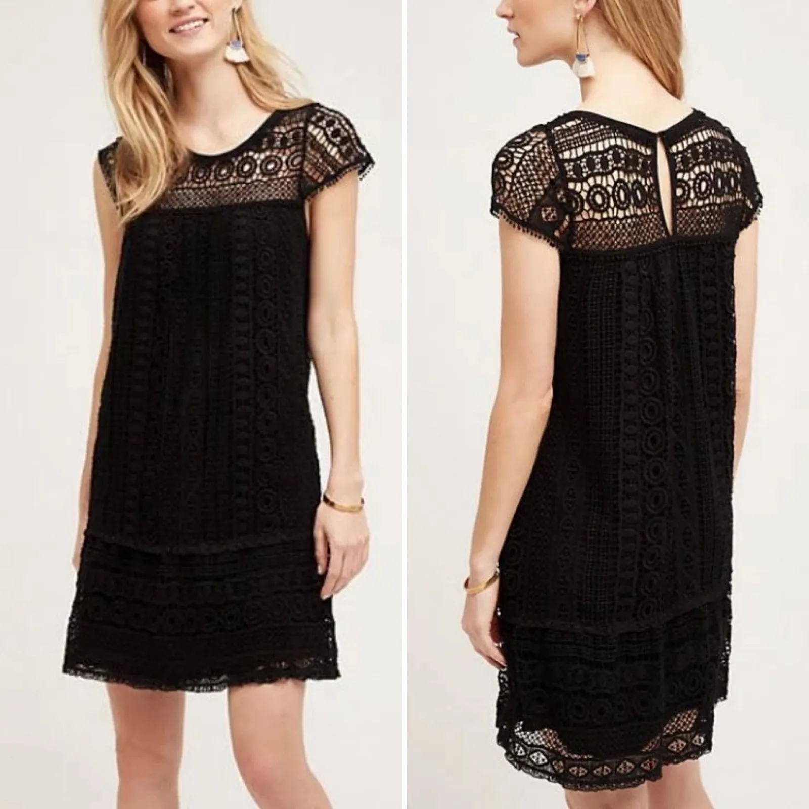 NEW Anthropologie Maeve Cap‎ Sleeve Cotton Crochet Tunic Dress Black Small Party - Image 2
