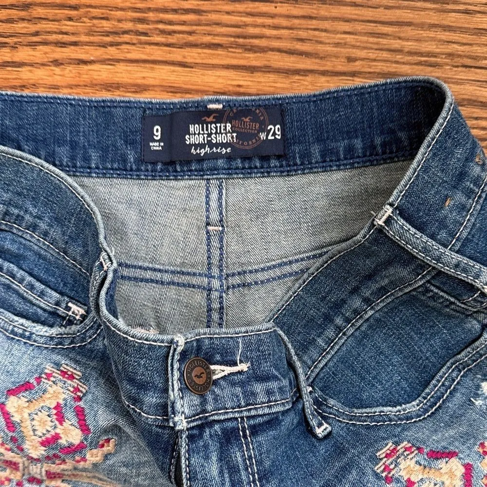 Hollister Blue Jean Shorts with Pink Embroidery - Image 2