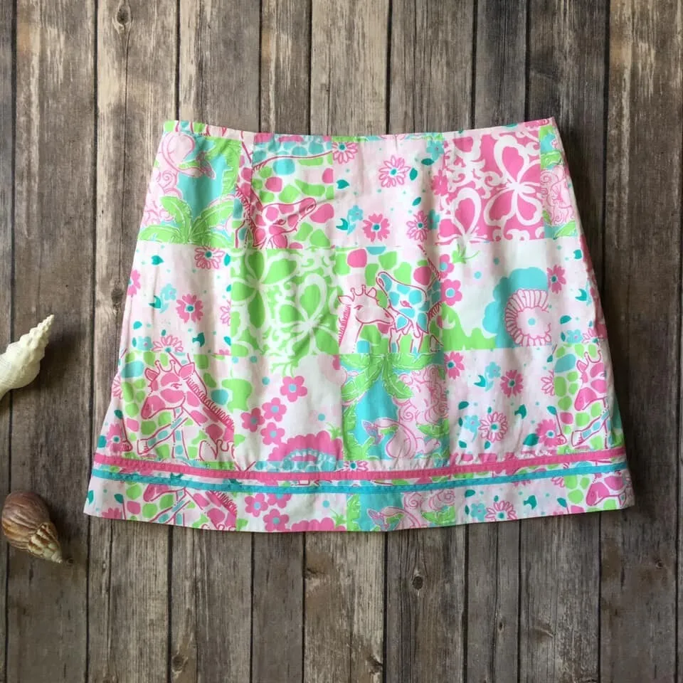 Lilly Pulitzer Skirt Skort 2 XS Patchwork Giraffe Lion Floral Print Wrap‎ Shorts - Image 5