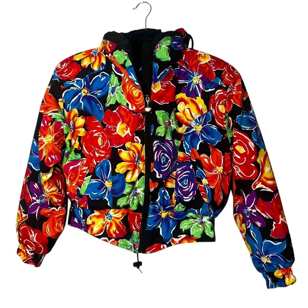 Obermeyer Bright Floral Ski Puffer Jacket Hooded Drawstring Waist Retro Size 10 - Image 2