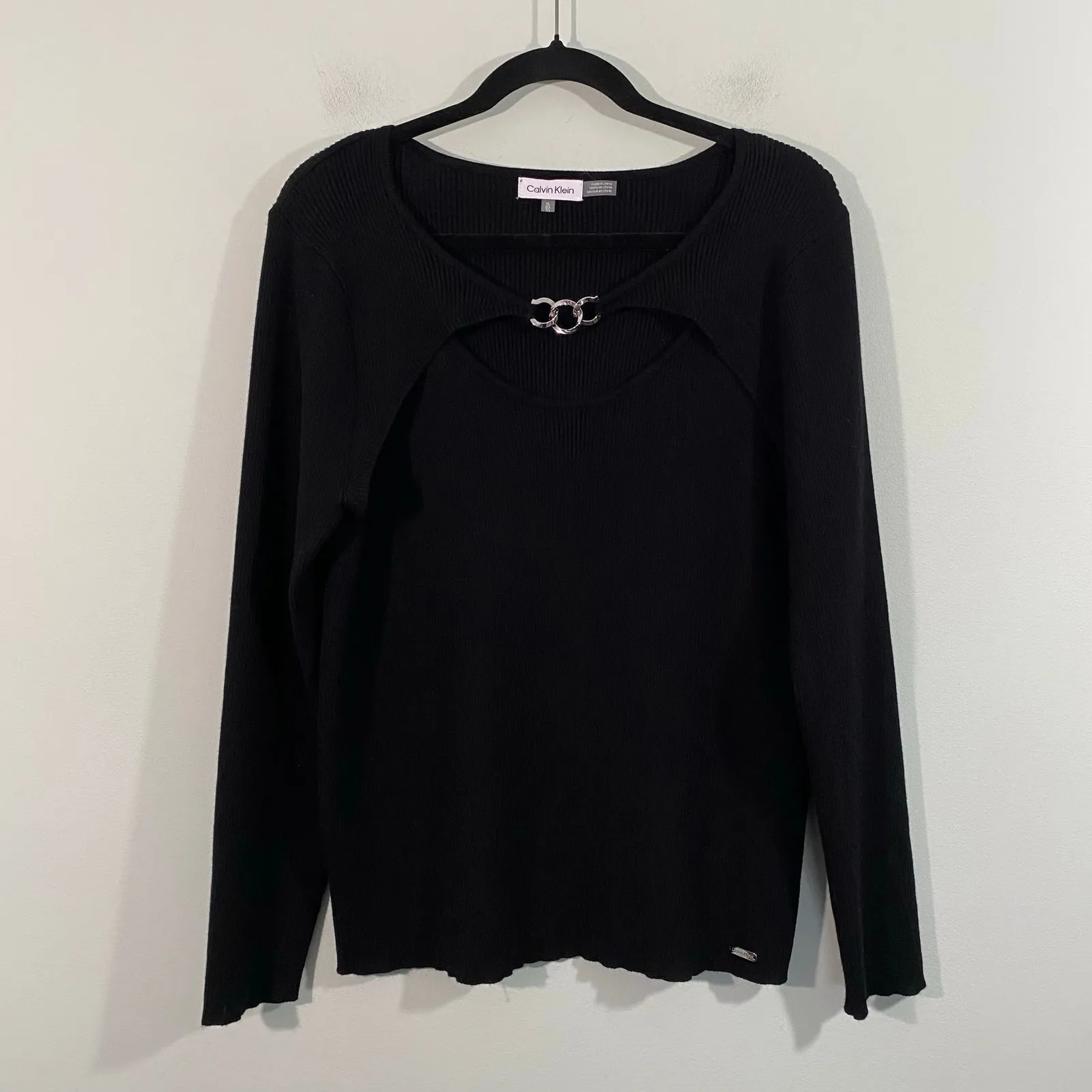 Calvin Klein Black Ribbed Chain Link Detail Retro Y2K Long Sleeve Sweater Sz XL - Image 2