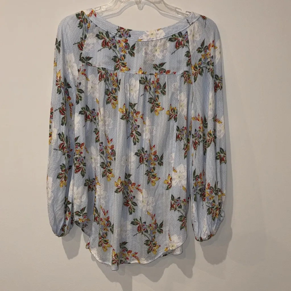 Maeve Anthropologie Boswell Blue Striped Floral Boho Peasant Flowy Blouse Size 8 - Image 2