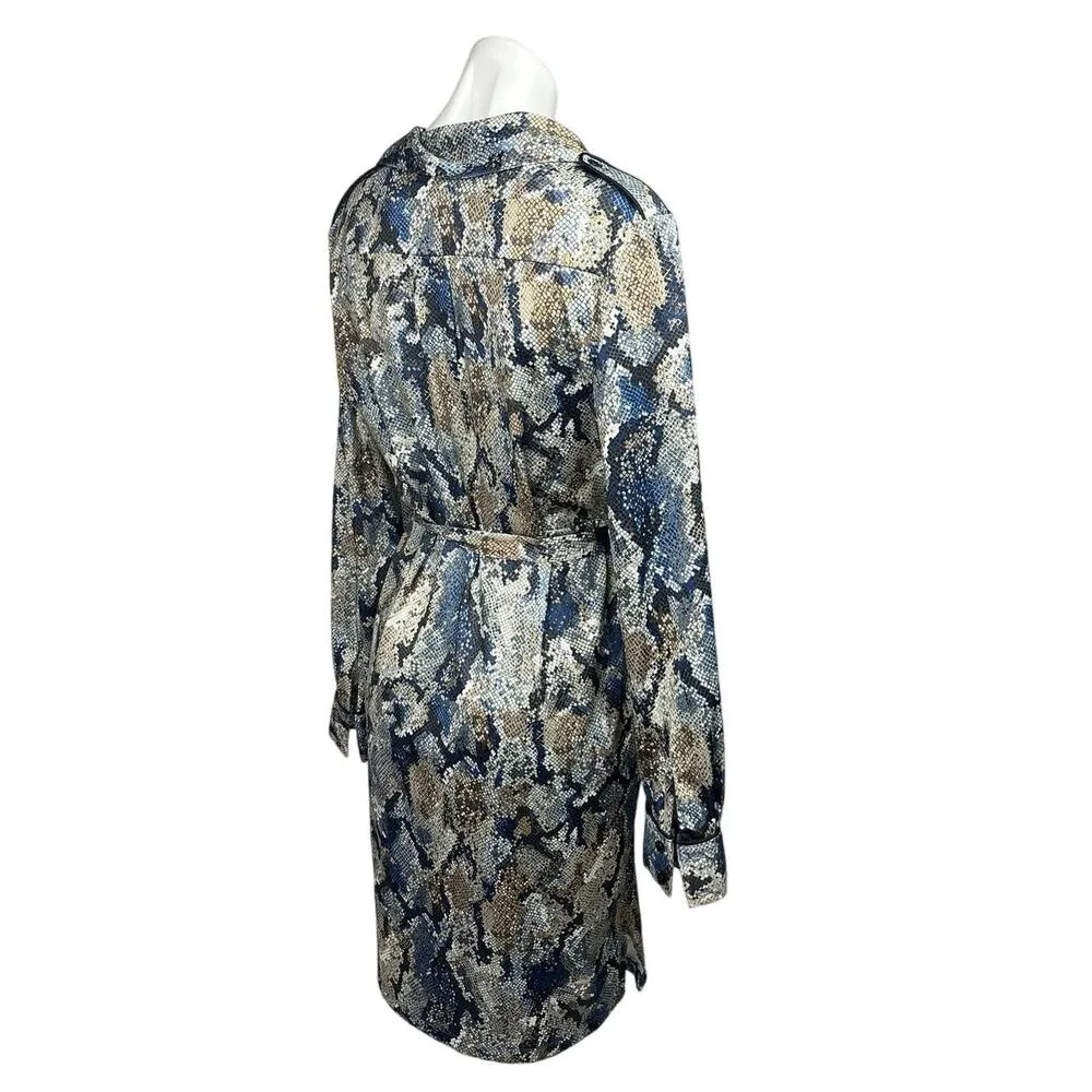 Multicolor Snake Skin Animal Print Long Sleeve Tie Waist Midi Shirt Dress Size S - Image 3