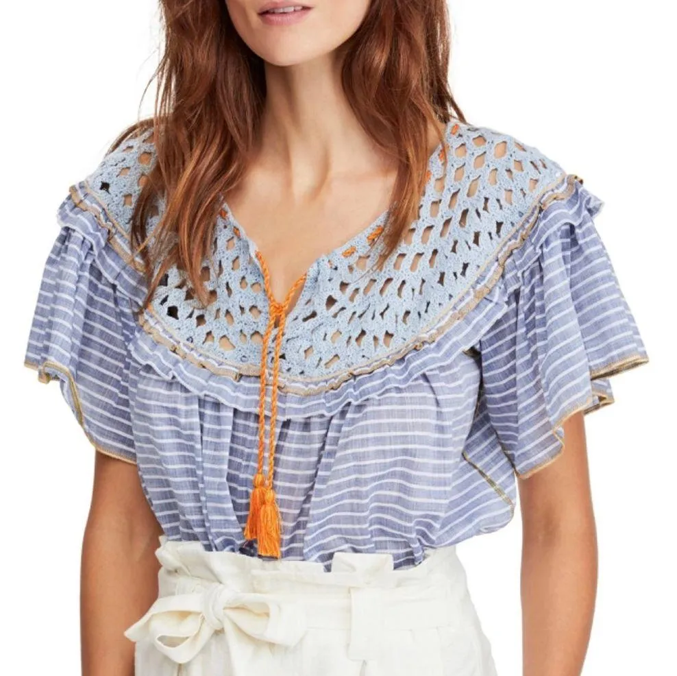 Free People Allora Striped Crochet Top in Summer Navy Combo XS - Image 2