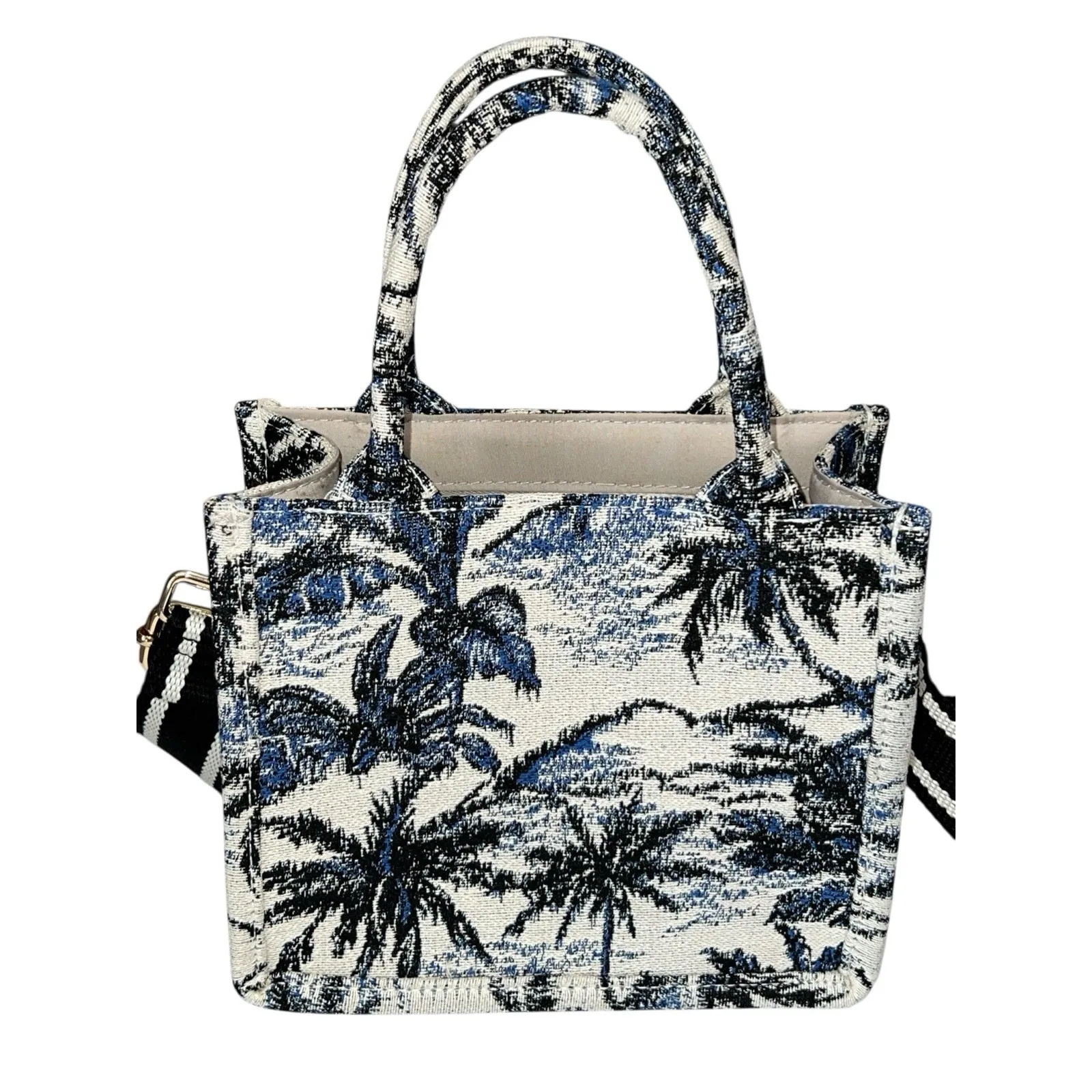 H&M Mini Tote Jacquard Tote Palm Tree Leaf Tropical Bag Crossbody Strap Blue EUC - Image 3
