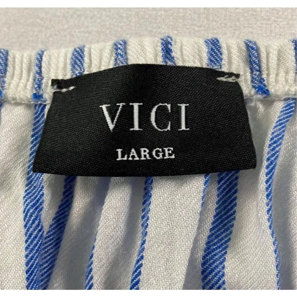Vici Womens White & Blue Striped Off The Shoulder Tie Waist Top Size Large - Image 5