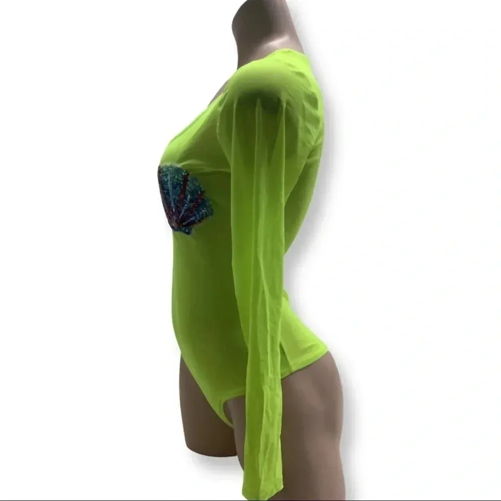 Mesh neon long sleeve bodysuit with Bedazzled Shells on Front Size Small NWOT Yellow - Image 2
