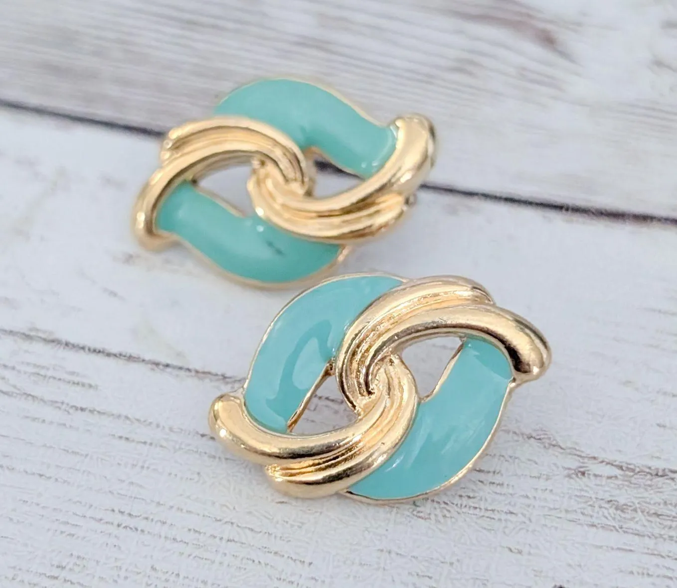 Vintage Stud Earrings Gold Tone & Seafoam Green Statement - Image 5