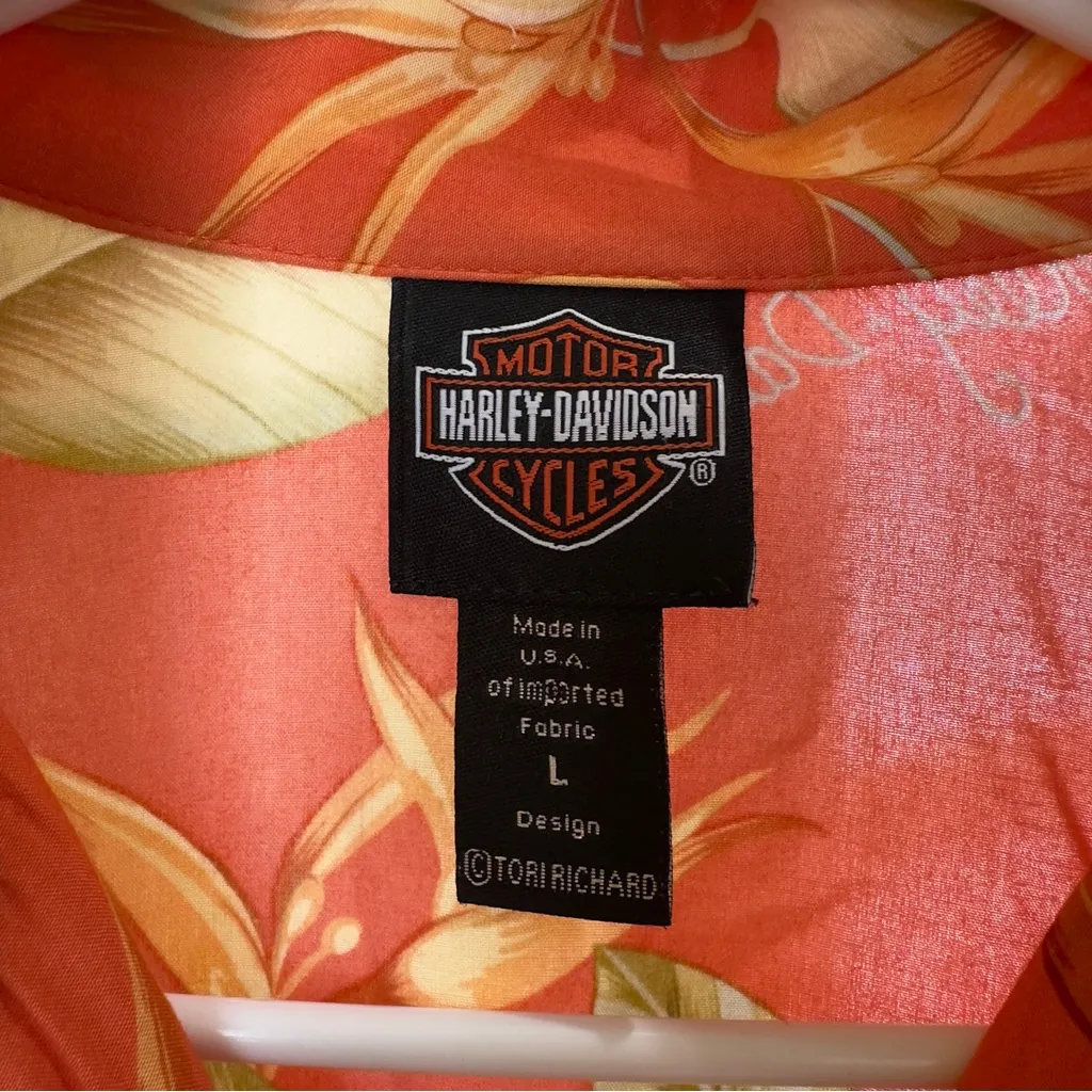 Harley Davidson Tori Richard Orange Hawaiian Tropical Resort Shirt Floral‎ L Green Size L - Image 3
