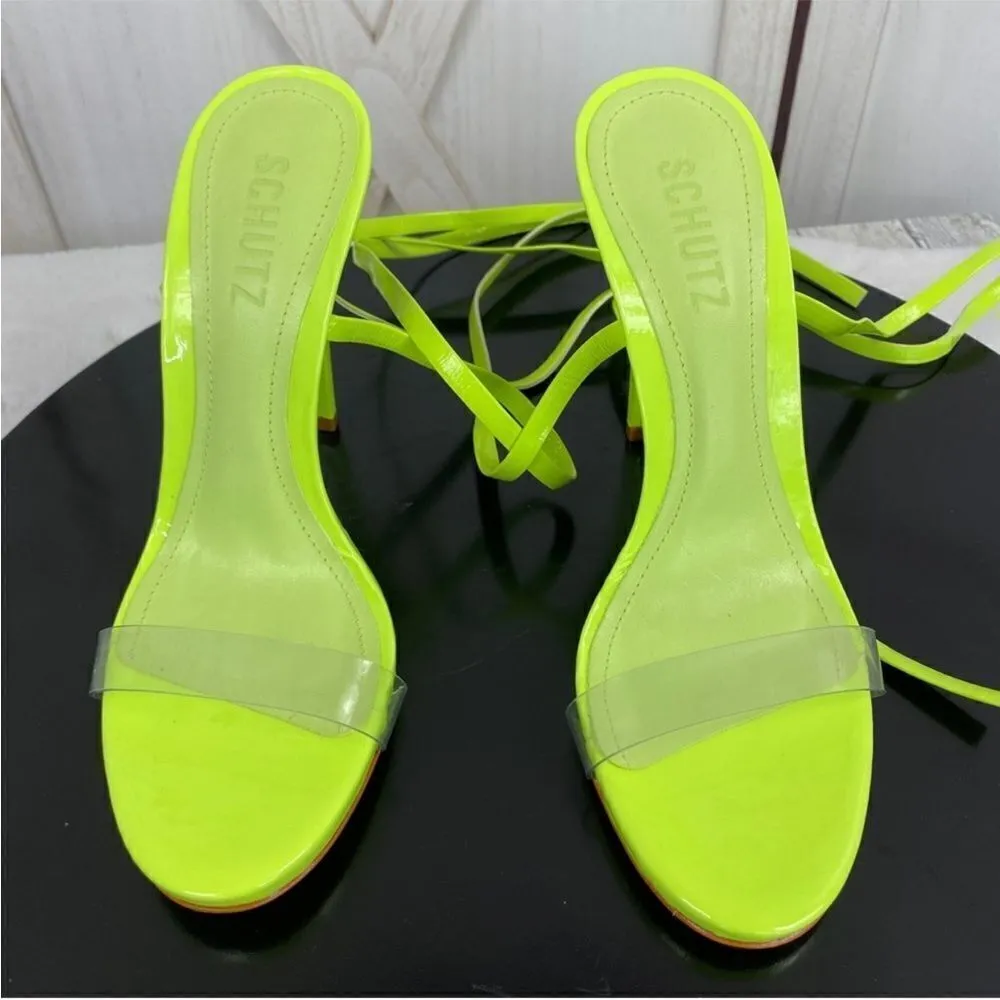 Schutz Cloe Ankle Wrap‎ Heels Neon Green 7 Clear Toe Strap Open Toe - Image 6
