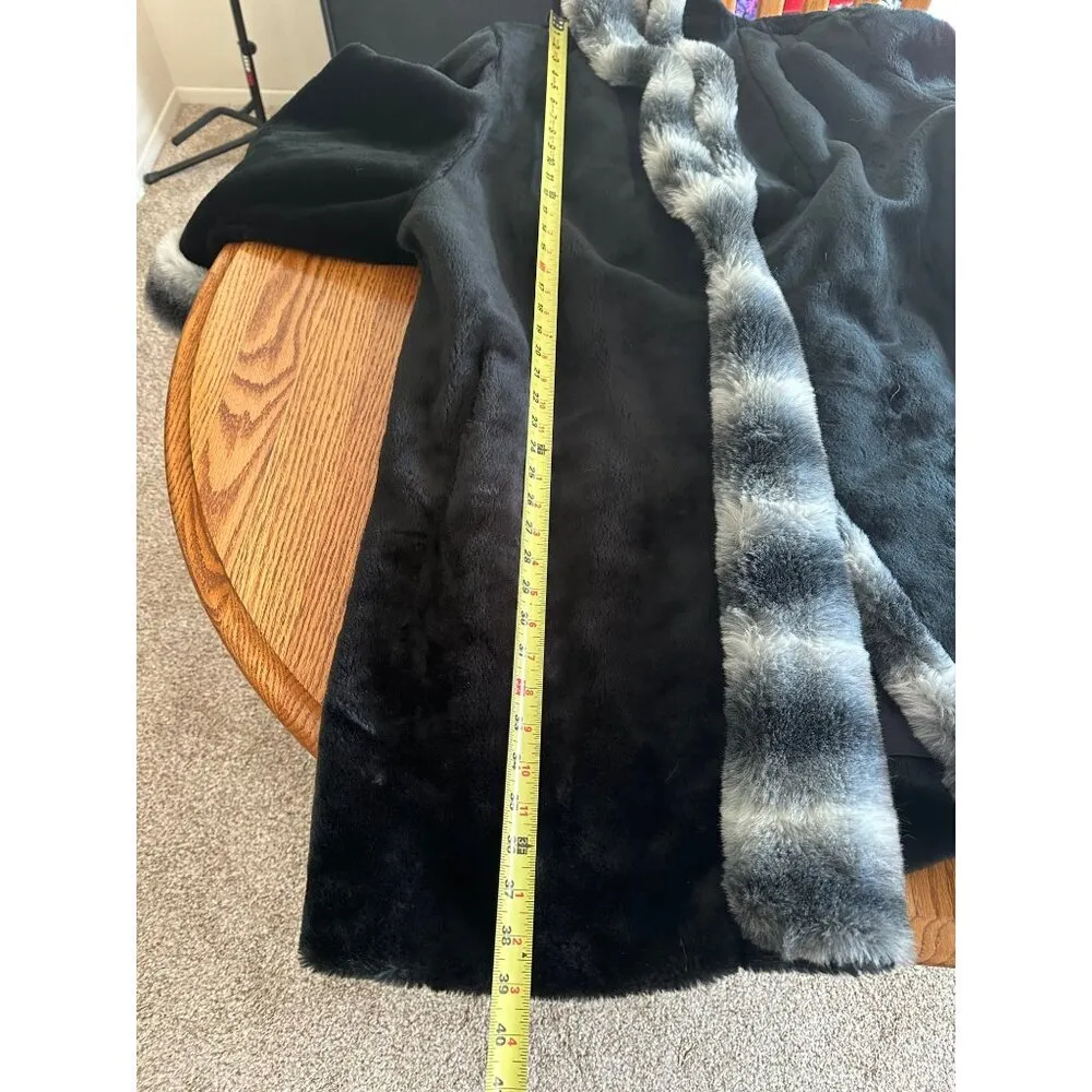 Scandinavian Faux Fur Coat Oversized Grey Striped Fox Mob wife Trim Sz 1X 90s Black - Image 11