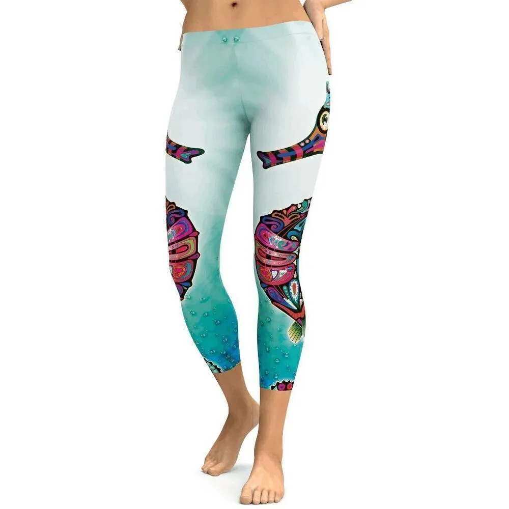Gearbunch Colorful Ornamental Seahorse Capri Leggings Large Blue - Image 10