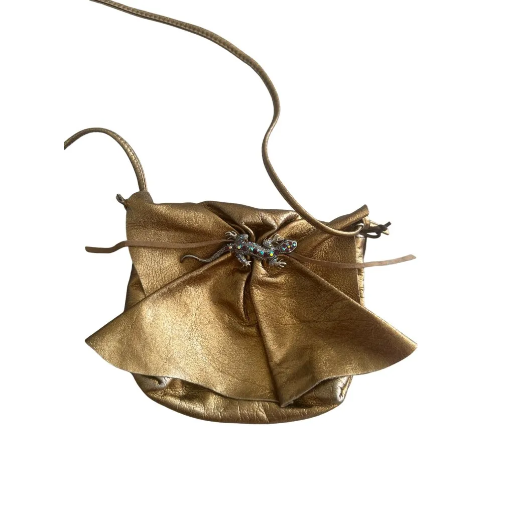 SUSAN FARBER Vintage Autographed Bronze Leather Lizard Embellished Handbag Gold - Image 2