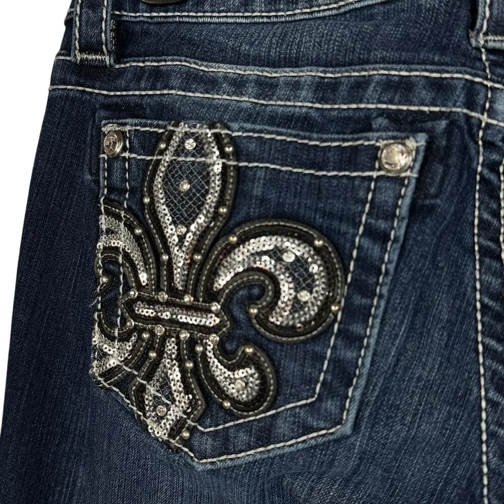 Miss Me SZ 27 Signature Boot Jeans Fleur de lis Rhinestones Sequins Whiskered - Image 9