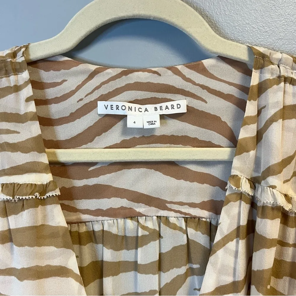Veronica Beard Dress Silk Soheyla Ruched Zebra Mini Dress Sz 4 EUC Tan & White - Image 10