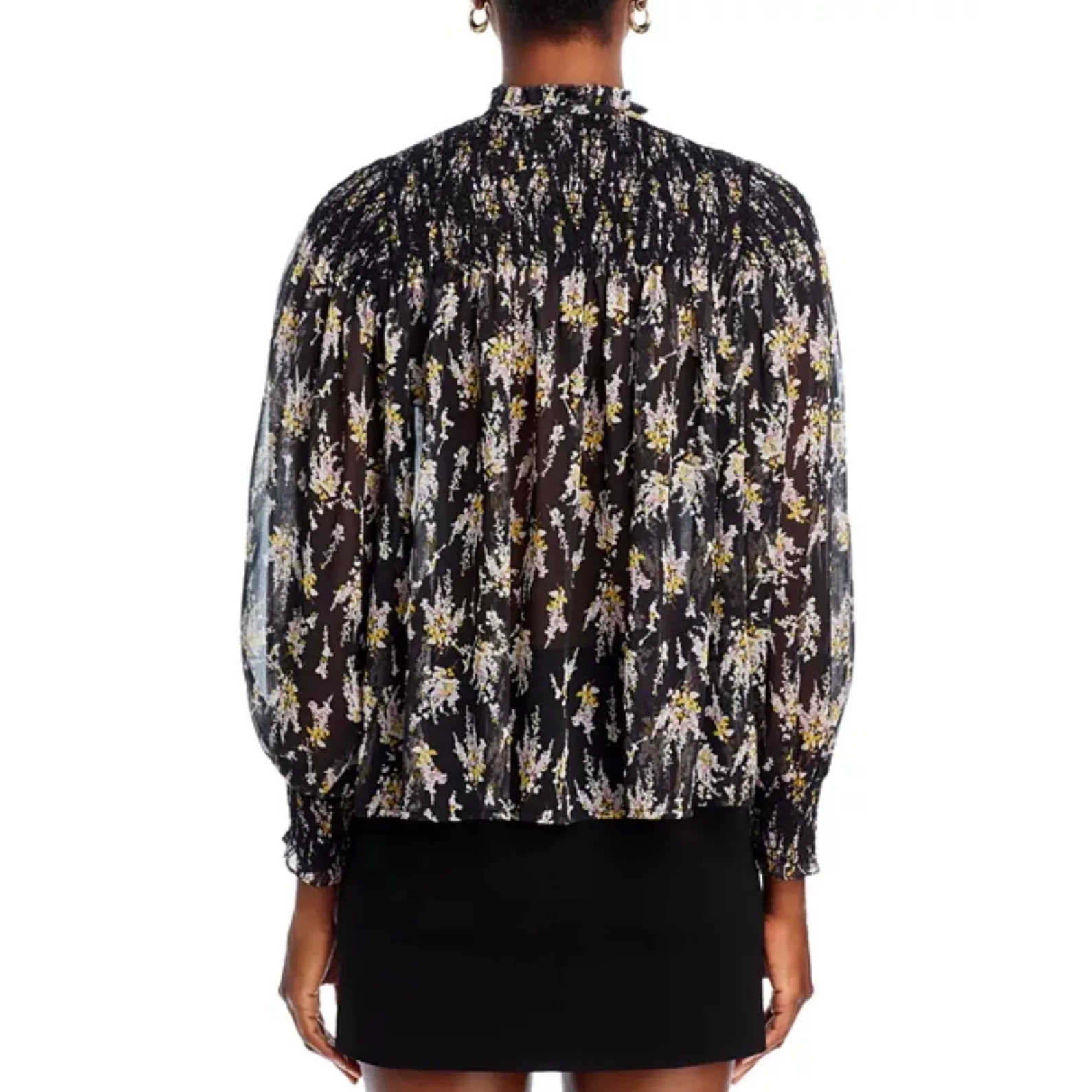 AQUA Floral Smocked‎ Mock Neck Blouse Black Sheer Long Sleeve Top Women's - Image 2